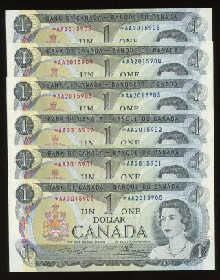 6 Consecutive 1973 Bank Of Canada $1 Replacement Aa Prefix Notes - Unc 