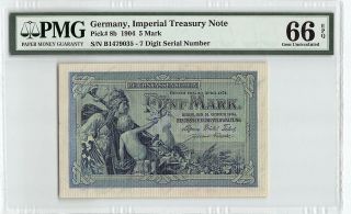 Germany,  Reichsbanknote 1904 P - 8b Pmg Gem Unc 66 Epq 5 Mark (7 - Digit S/n)