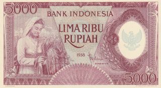 Indonesia 5000 Rupiah Banknote 1958 P.  64 Uncirculated