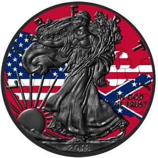 2018 1 Oz Silver Eagle Coin - Us & Confederate Flags - Box,  - Ruthenium Gild
