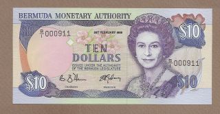 Bermuda: 10 Dollars Banknote,  (unc),  P - 36b,  Low S/n,  20.  02.  1989,