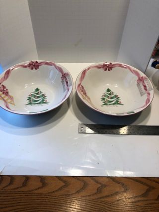 Sango Home For Christmas Round Vegetable Serving Bowls With Tree Pink Trim