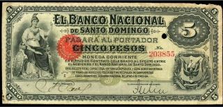 Santo Domingo Dominican Republic Banco Nacional 5 Pesos 1889