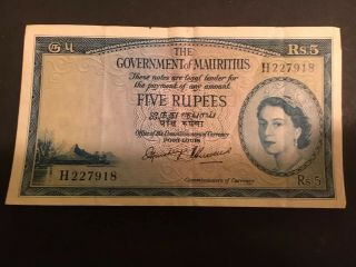 Government Of Mauritius Five 5 Rupees Note