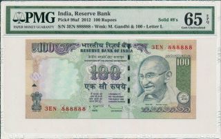 Reserve Bank India 100 Rupees 2012 Solid S/no 888888 Pmg 65epq