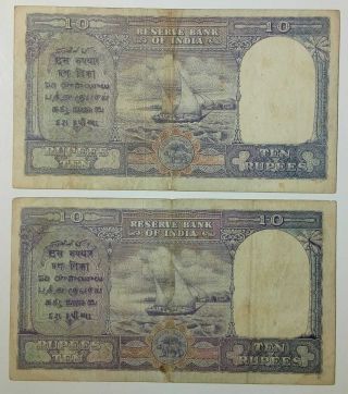 513 - 1359 INDIA - BURMA RESERVE BANK OF INDIA,  10 RUPEES,  1945&1947,  PREFIX H & D,  VF 2