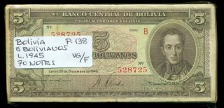 Bolivia Bundle 70 Notes 5 Bolivianos Law 1945 P 138 Vg/f