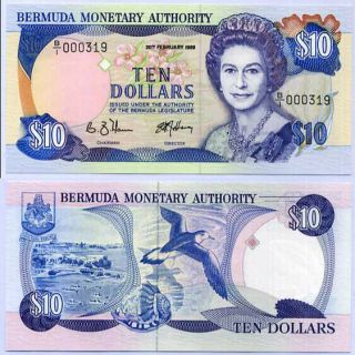 Bermuda 10 Dollars 20 Feb 1989 P 36 Low Serial Number 3 Digit Unc Nr