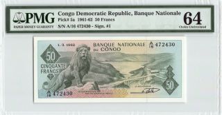 Congo Democratic Republic 1962 P - 5a Pmg Choice Unc 64 50 Francs