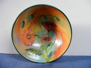 Signed Poppies Hand Painted/crafted Flowered Pottery Bowl 8 " Diam