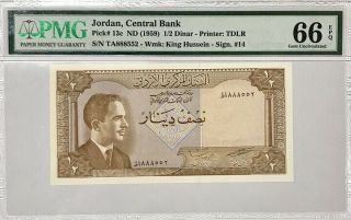 Jordan 1/2 Dinar Nd 1959 P 13 Gem Unc Pmg 66 Epq