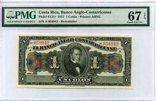 Costa Rica 1 Colon 1917 P S121r Gem Unc Pmg 67 Epq Highest