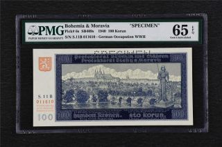 1940 Bohemia & Moravia Specimen 100 Korun Pick 6s Pmg 65 Epq Gem Unc