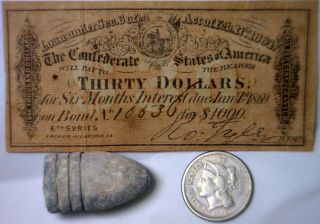 1864 Confederate $30 Interest Note,  Civil War Bullet,  1865 Three Cent Coin Nr