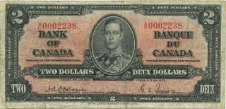 1937 Bank Of Canada $2 Banknote Osborne & Towers S/n A/b0002238