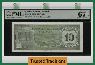 Tt Pk 2 1986 Aruba - Central Bank 10 Florin Pmg 67 Epq Gem Uncirculated