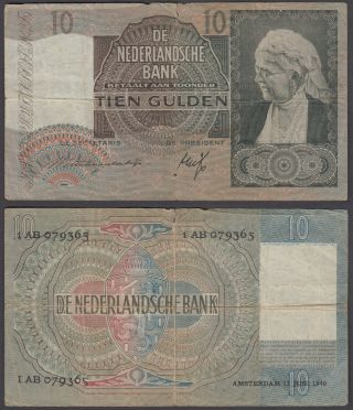 Netherlands 10 Gulden 1940 (vg) Banknote P - 53