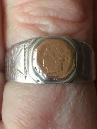 Circa 1850’s Sterling Ring Featuring California Fractional Gold Dollar Coin S 10
