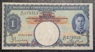 1941 Malaya One Dollar P - 11 King George Vi Banknote