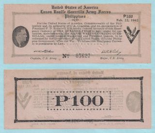 1942 Philippines 100 Pesos Luzon Usaffe Guerrilla Army Forces Wwii P S421