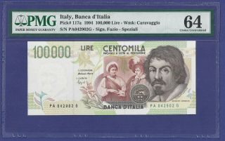 Uncirculated 100.  000 Lire 1994 Banknote From Italy Pmg Graded