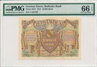Badische Bank German States 10,  000 Mark 1923 S/no 0x110x Pmg 66epq