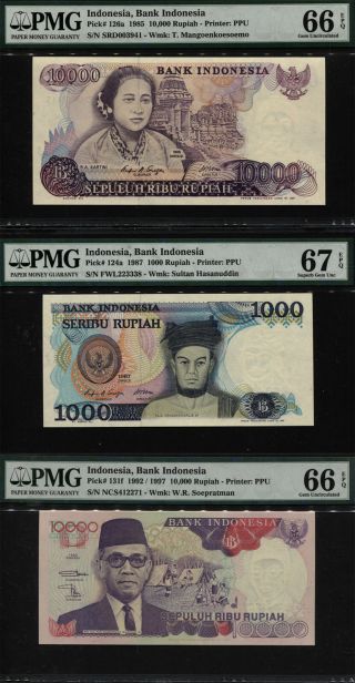 Tt Pk 124a,  126a & 131f Indonesia 1000 & 10000 Rupiah Pmg 66q & 67q Set Of 3