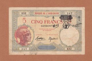 Djibouti French Somaliland Coast 5 Francs 1943 P - 11 Af Provisional Issue