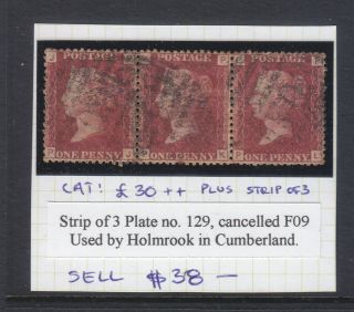 Gb: Penny Red Plate 129 Strip Of 3