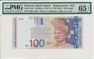 Bank Negara Malaysia 100 Ringgit Nd (2001) Replacement/star Pmg 65epq