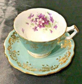 Aynsley Fine English Bone China Footed Cup & Saucer 2917 Green W/ Violets &gold
