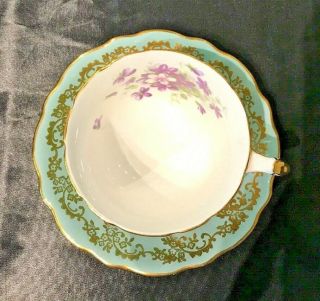 AYNSLEY FINE ENGLISH BONE CHINA FOOTED CUP & SAUCER 2917 GREEN w/ VIOLETS &GOLD 2