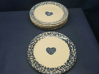 Tienshan " Folk Craft Hearts " Blue Sponge Dinner Plates Set Of 6.