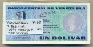 Venezuela Bundle 100 Notes 1 Bolivar 1989 Prefix A P 68 Unc