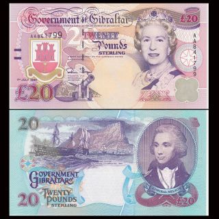 Gibraltar 20 Pounds,  1995,  P - 27,  Aa Prefix,  Banknote,  Unc