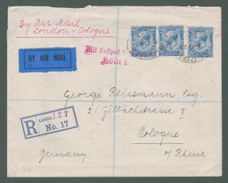 1923 Gb Early Registered Airmail Cover To Cologne,  Germany (sa14)