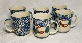 6 Folkcraft Christmas Country Cabin Tienshan Blue & White Sponge Coffee Mugs