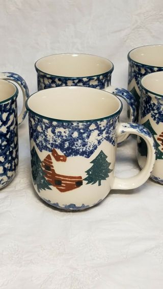 6 Folkcraft Christmas Country Cabin Tienshan Blue & White Sponge Coffee Mugs 2