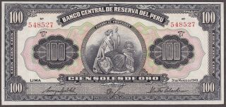 1949 Peru Banco Central De Reserva 100 Soles P - 73 Au Scarce Lowest Circulation