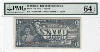 1945 Indonesia 1 Rupiah,  Republik Indonesia P - 17a Pmg Ch Unc 64 Epq Scarce Grade