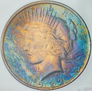 1922 Silver Peace Dollar Monster Rainbow Color Toned Bu Unc Choice Gem (dr)
