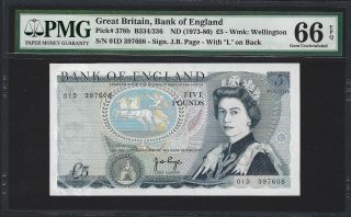 1973 Great Britain 5 Pounds,  Bank Of England B334 Pmg Gem Unc 66 Epq,  Page