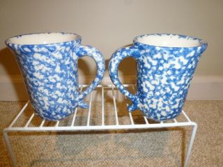 2 Henn Pottery Blue Spongeware Coffee Or Tea Mugs Cups