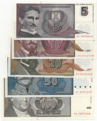 Yugoslavia 100 50 20 10 & 5 Novih Dinara 5 X Notes Dated 1994 & 1996 Unc