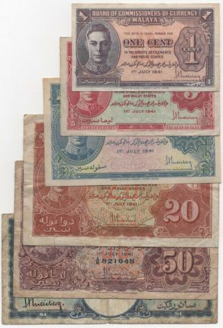 Malaya 1 Dollar 50,  20,  10,  5 & 1 Cents Dated 1941,  6 X Notes Various Grades