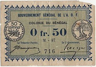 Senegal 50 Centimes 0.  50 Franc Dated 1917,  P1 Fine