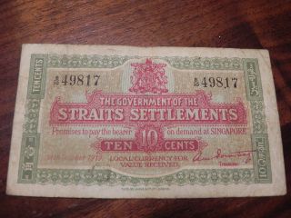 Straits Settlements 10 Cents P8b 1919 - 49817 Scarce Banknote