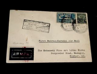 1932 India First Madras - Karachi Air Mail Cover Seen Red Cancel On Air Label See