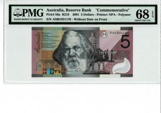 Australia P 56a 2001 5 Dollars Prefix Am Commemorative Pmg 68 Epq S Gem Unc