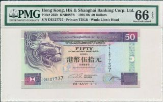 Hong Kong Bank Hong Kong $50 1996 S/no Xx77x7 Pmg 66epq
